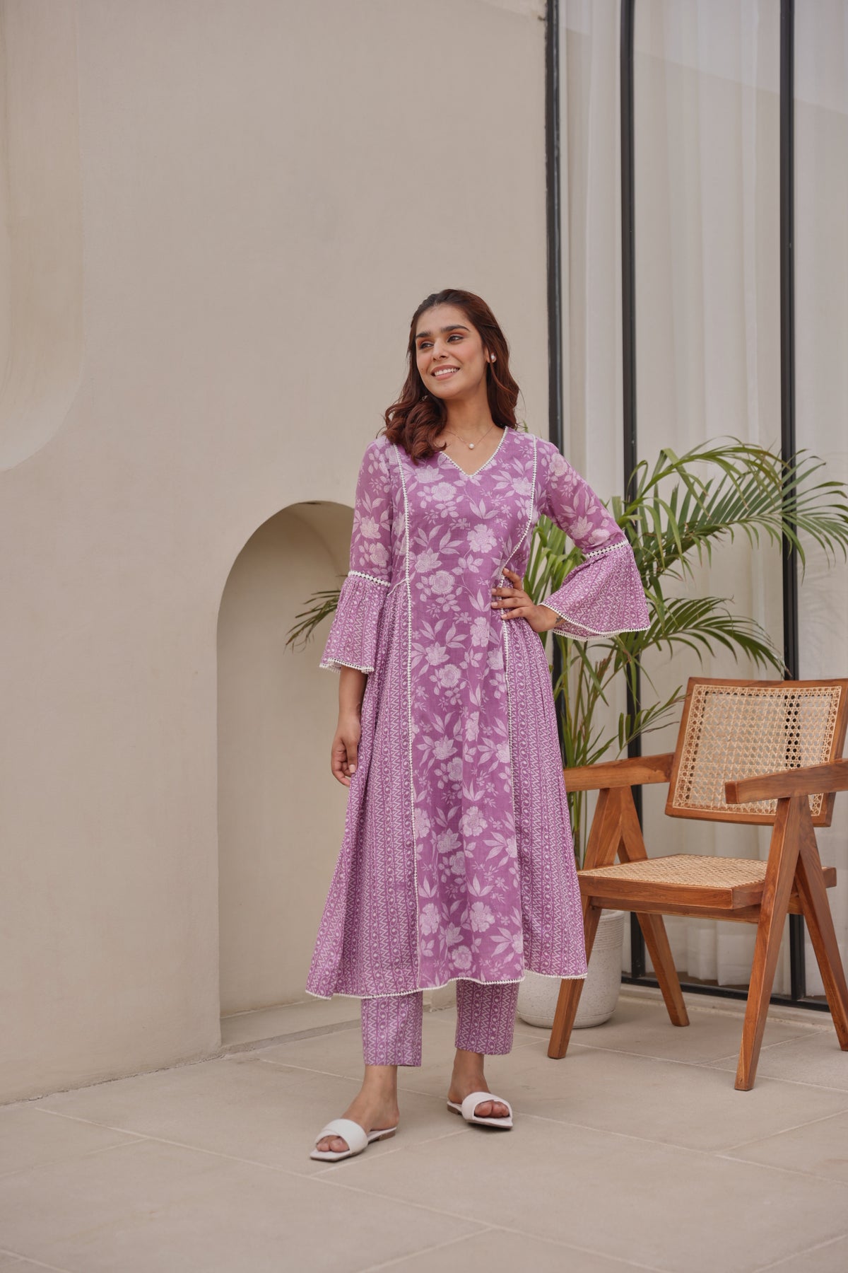 Purple Mul Cotton Gathered Kurta with All-Over Lace Work & Bell Sleeves
