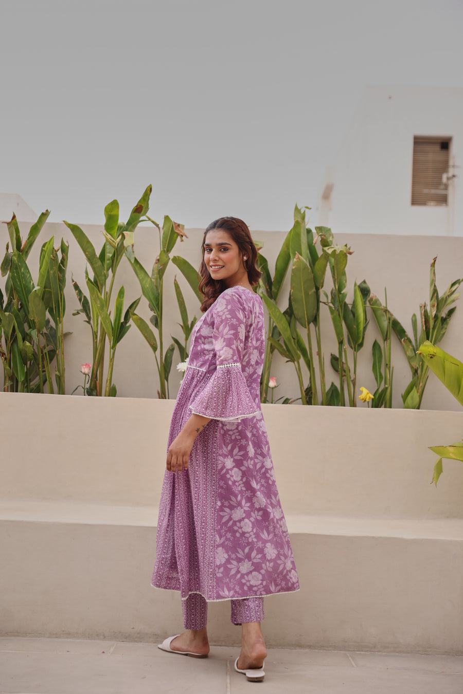 Purple Mul Cotton Gathered Kurta with All-Over Lace Work & Bell Sleeves
