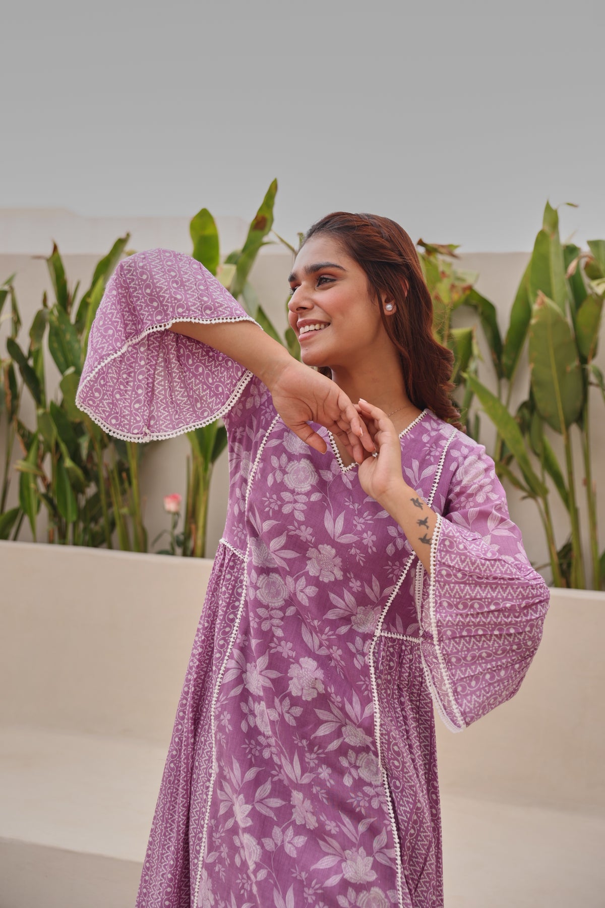 Purple Mul Cotton Gathered Kurta with All-Over Lace Work & Bell Sleeves