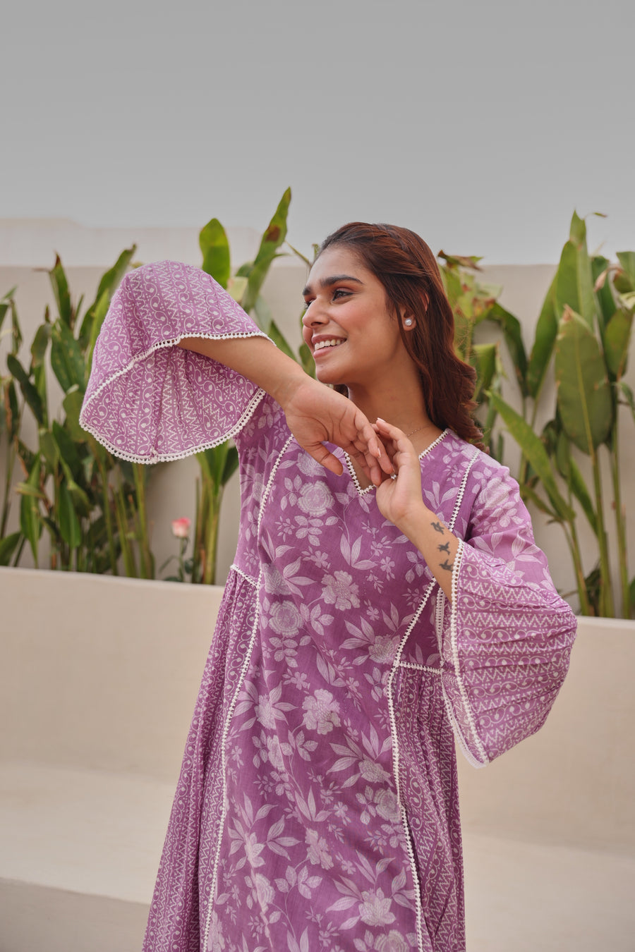 Purple Mul Cotton Gathered Kurta with All-Over Lace Work & Bell Sleeves
