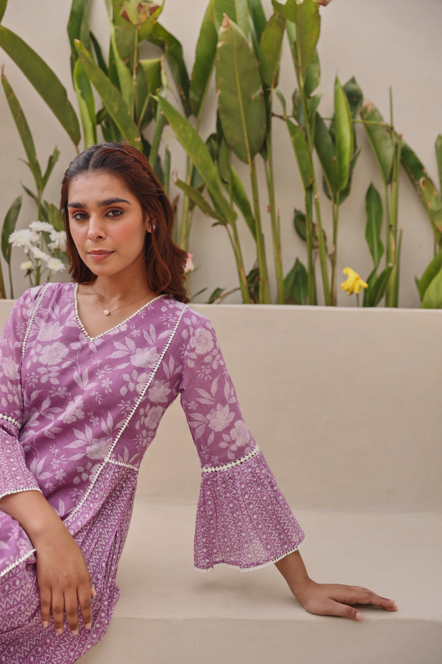 Purple Mul Cotton Gathered Kurta with All-Over Lace Work & Bell Sleeves