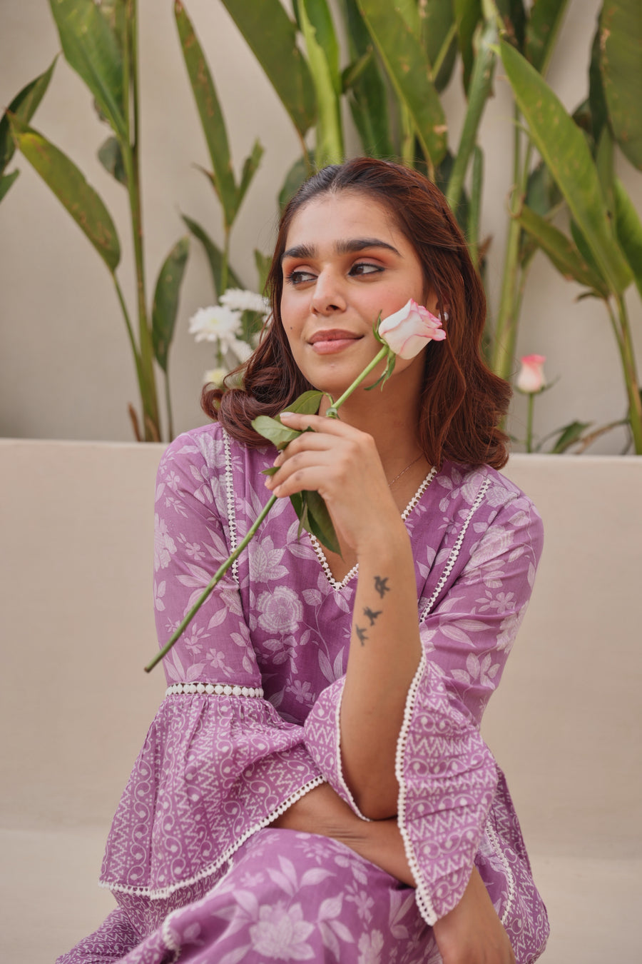 Purple Mul Cotton Gathered Kurta with All-Over Lace Work & Bell Sleeves