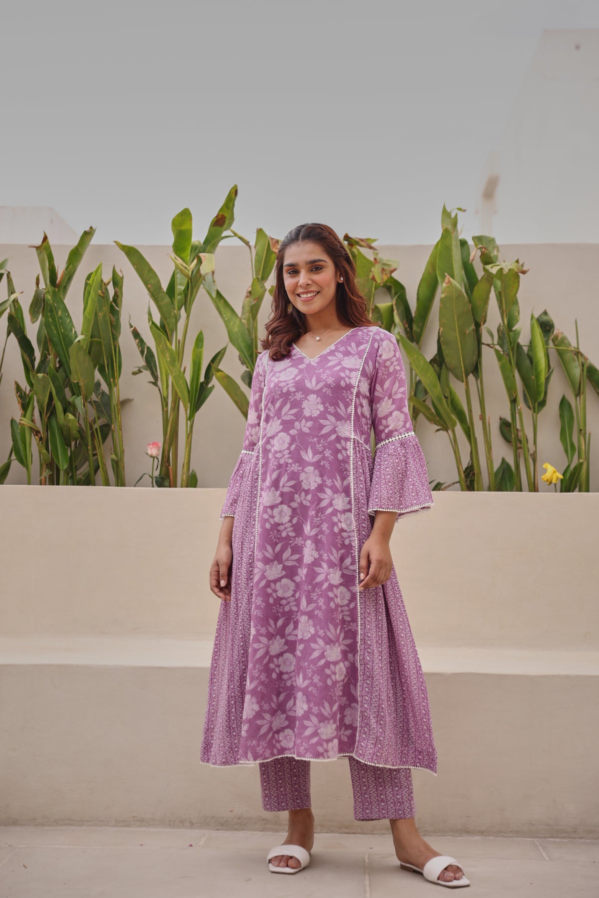 Purple Mul Cotton Gathered Kurta with All-Over Lace Work & Bell Sleeves