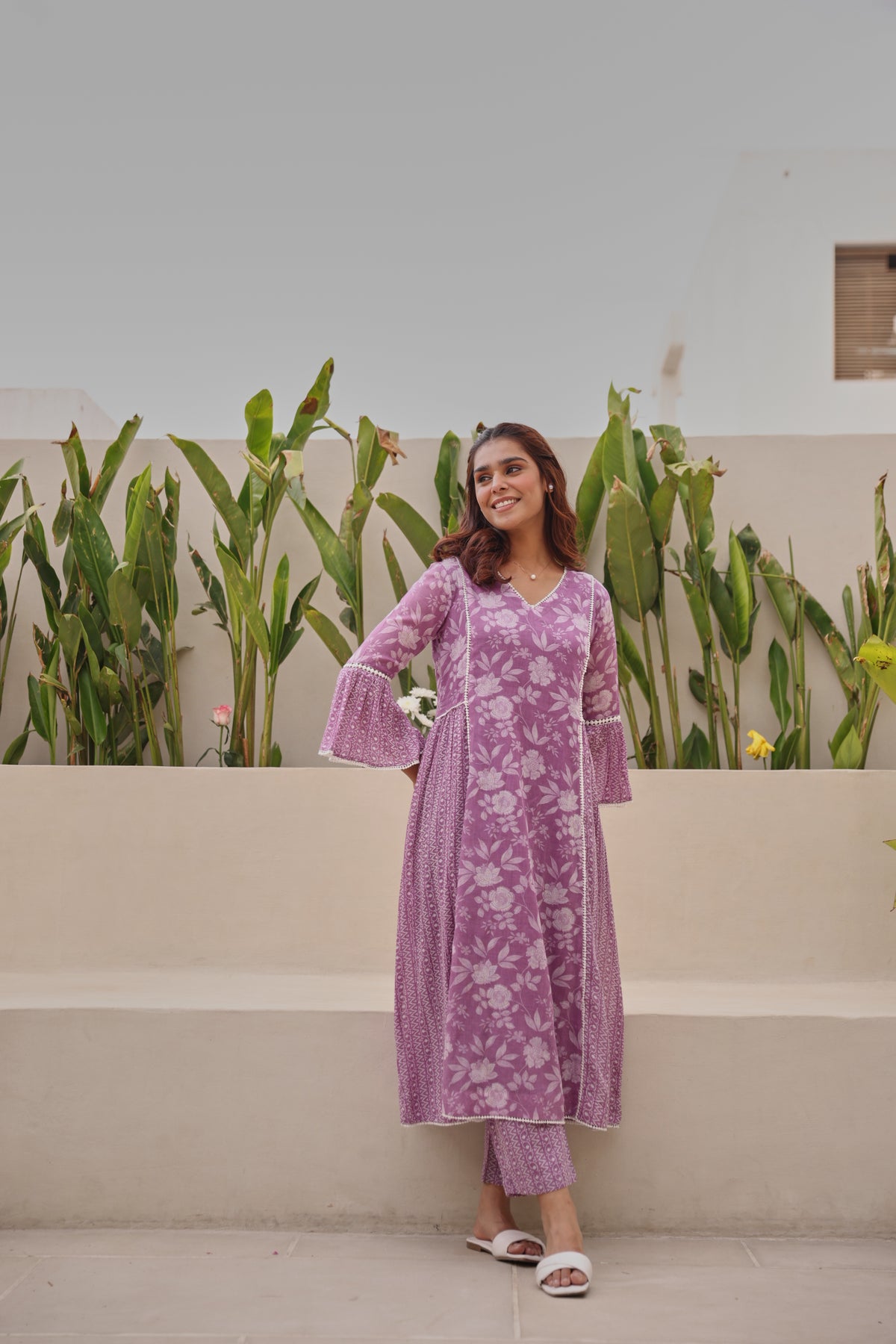 Purple Mul Cotton Gathered Kurta with All-Over Lace Work & Bell Sleeves