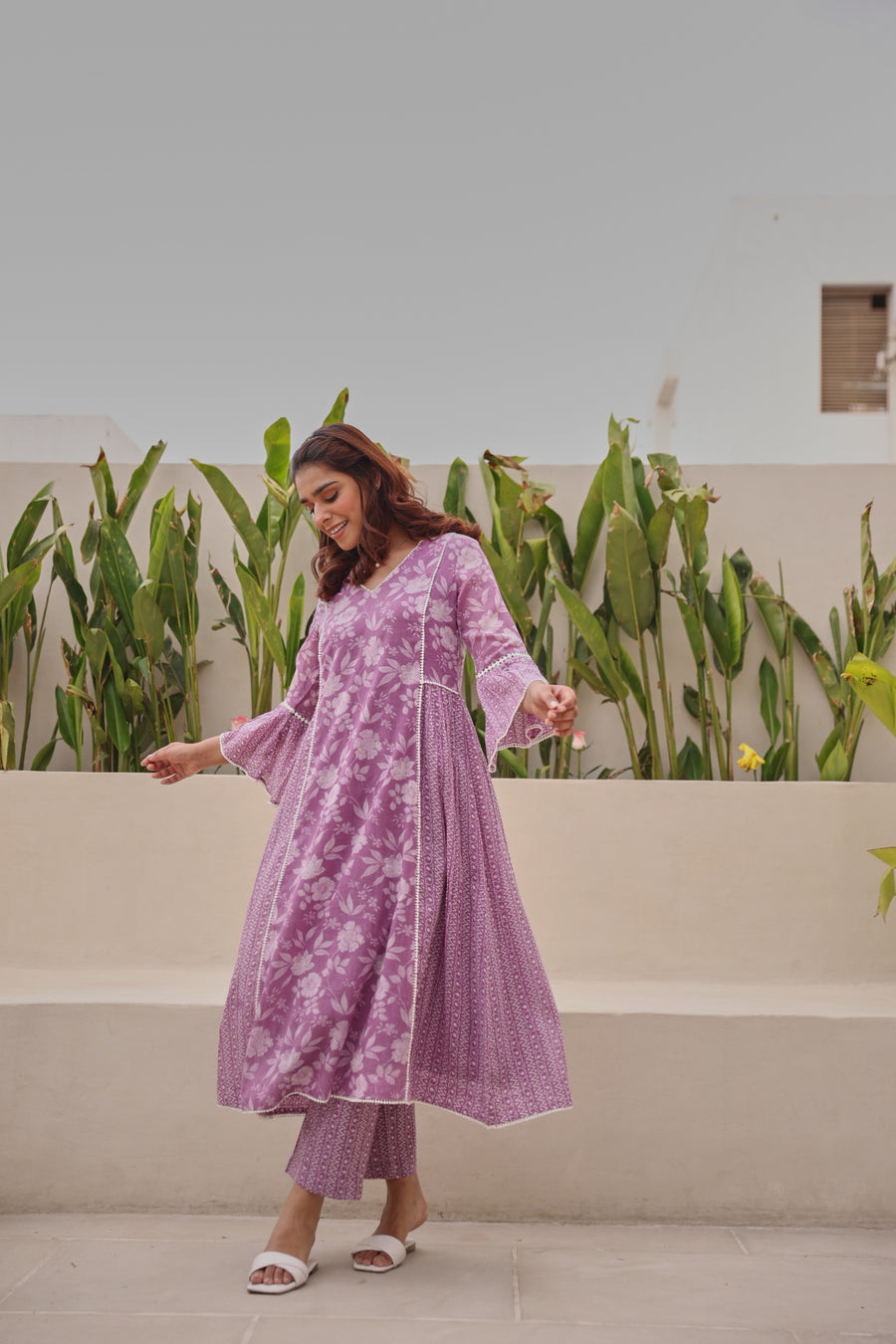 Purple Mul Cotton Gathered Kurta with All-Over Lace Work & Bell Sleeves