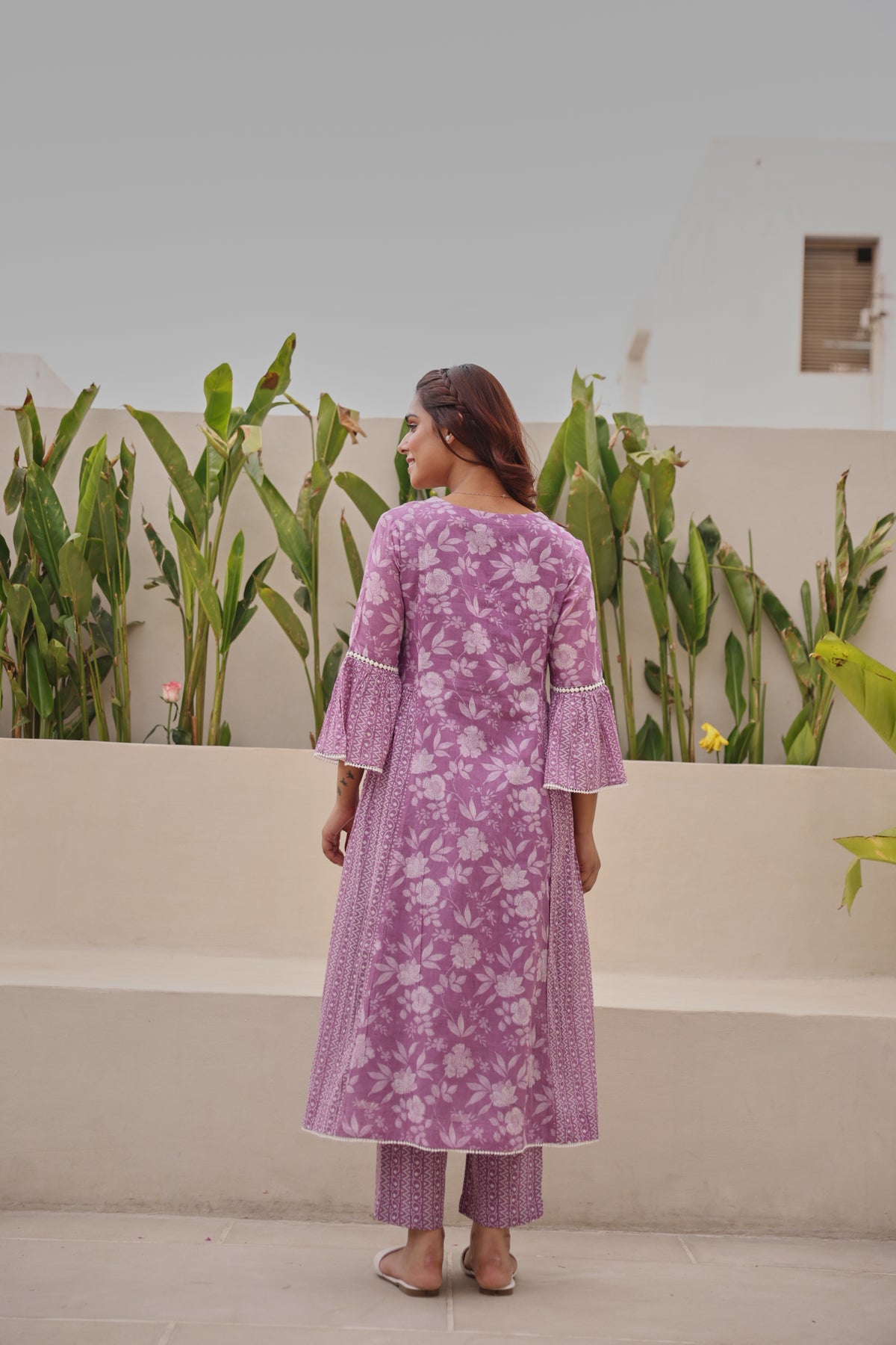 Purple Mul Cotton Gathered Kurta with All-Over Lace Work & Bell Sleeves