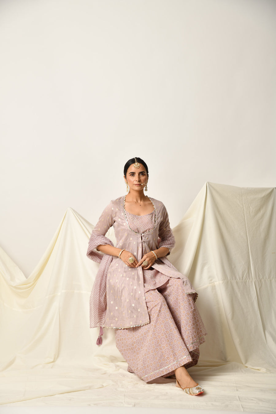 Mauve Silk Chanderi Kurta with Bandhani Print Plazzo and Doriya Dupatta