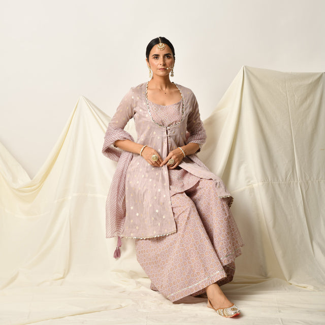 Mauve Silk Chanderi Kurta with Bandhani Print Plazzo and Doriya Dupatta