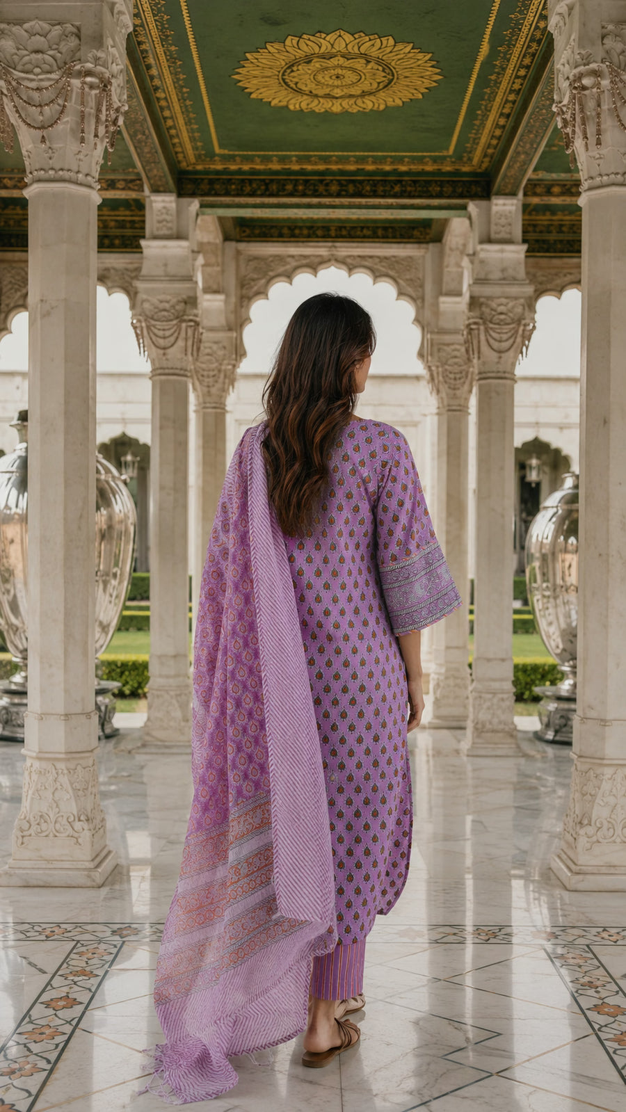 Pink cotton suit set with Kota Doria dupatta - full outfit - EKOHUM