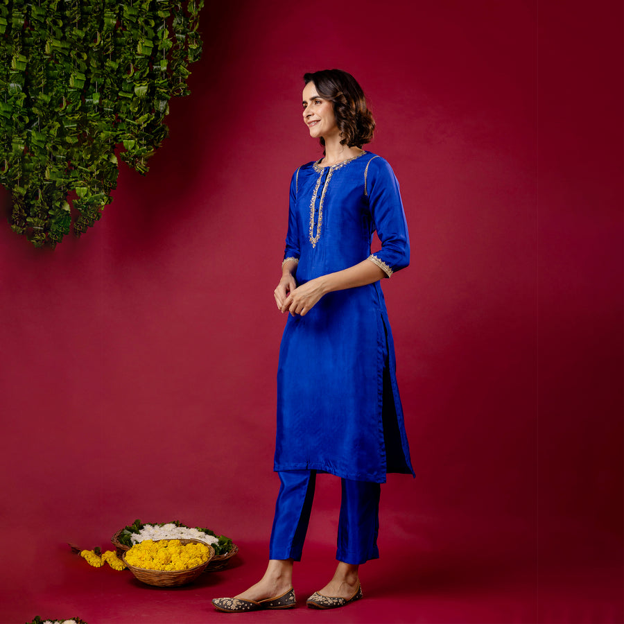 Blue Silk Embroidered Round Neck Co-Ord Set