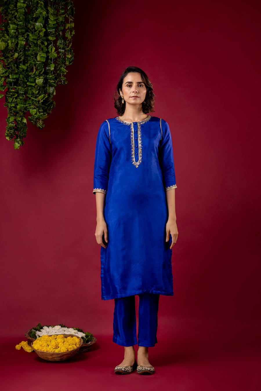 Blue Silk Embroidered Round Neck Co-Ord Set
