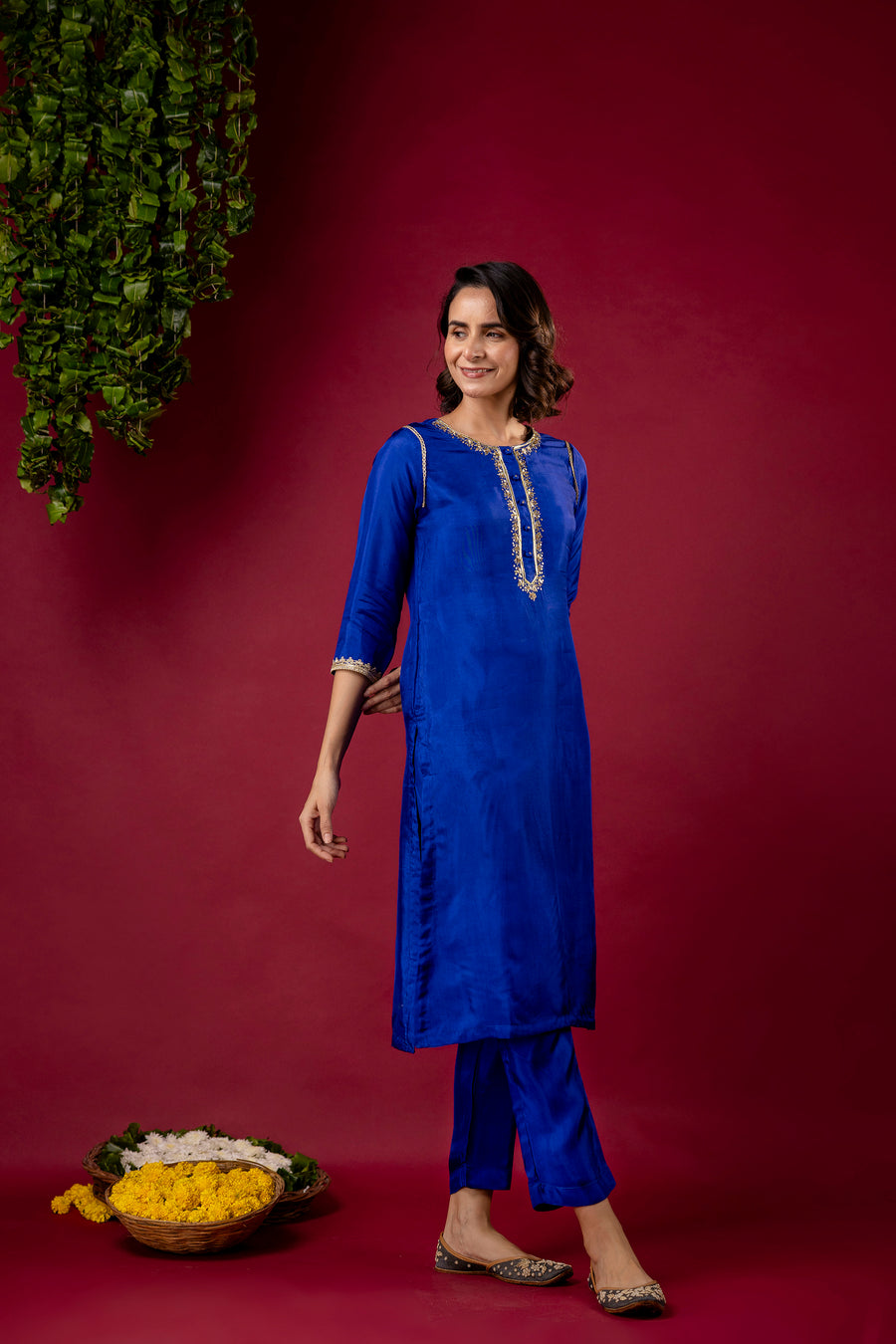 Blue Silk Embroidered Round Neck Co-Ord Set