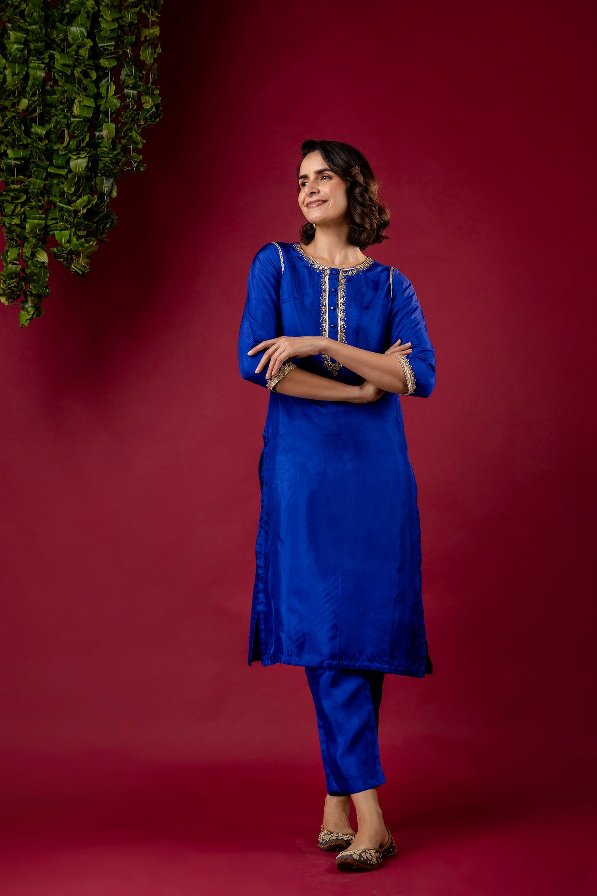 Blue Silk Embroidered Round Neck Co-Ord Set