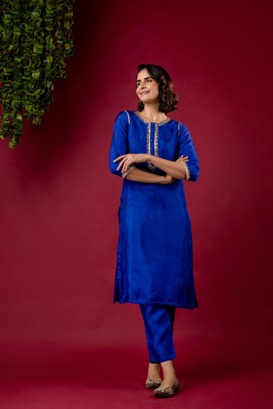 Blue Silk Embroidered Round Neck Co-Ord Set