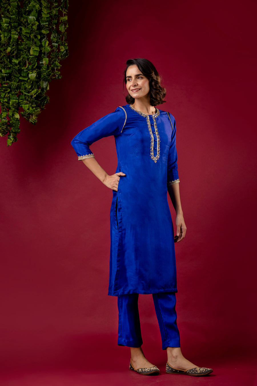 Blue Silk Embroidered Round Neck Co-Ord Set