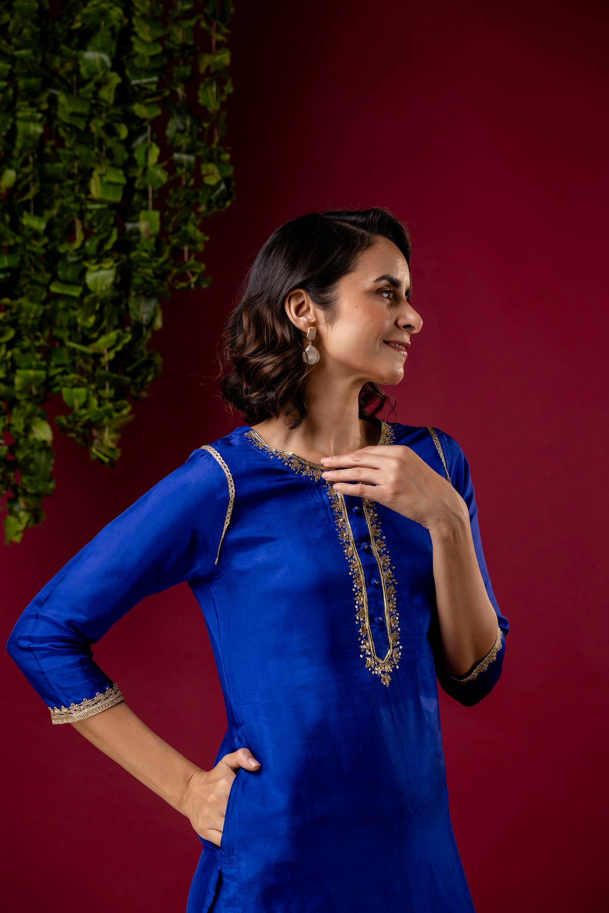 Blue Silk Embroidered Round Neck Co-Ord Set