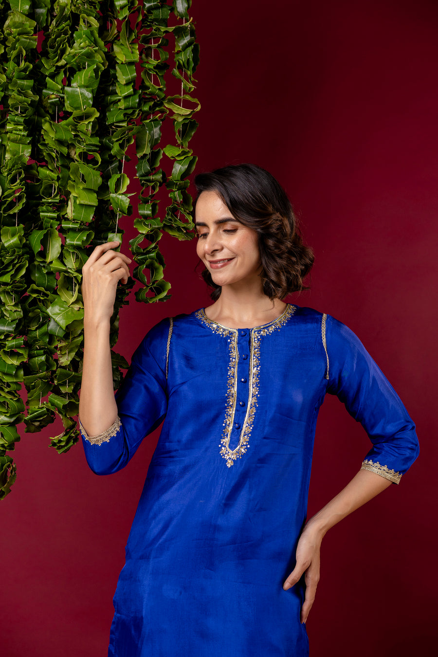 Blue Silk Embroidered Round Neck Co-Ord Set