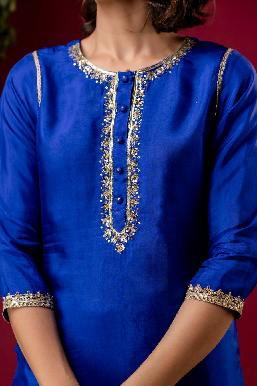 Blue Silk Embroidered Round Neck Co-Ord Set