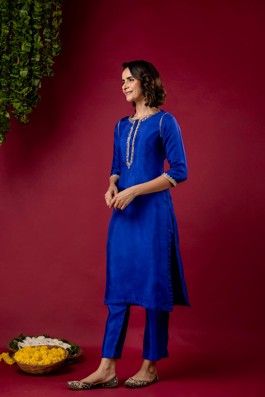Blue Silk Embroidered Round Neck Co-Ord Set