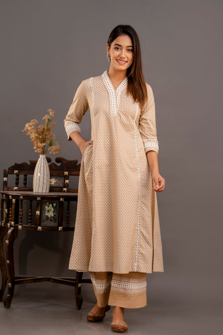 Sand Brown Chunakhari Printed Cotton Lace Work Kurta Set