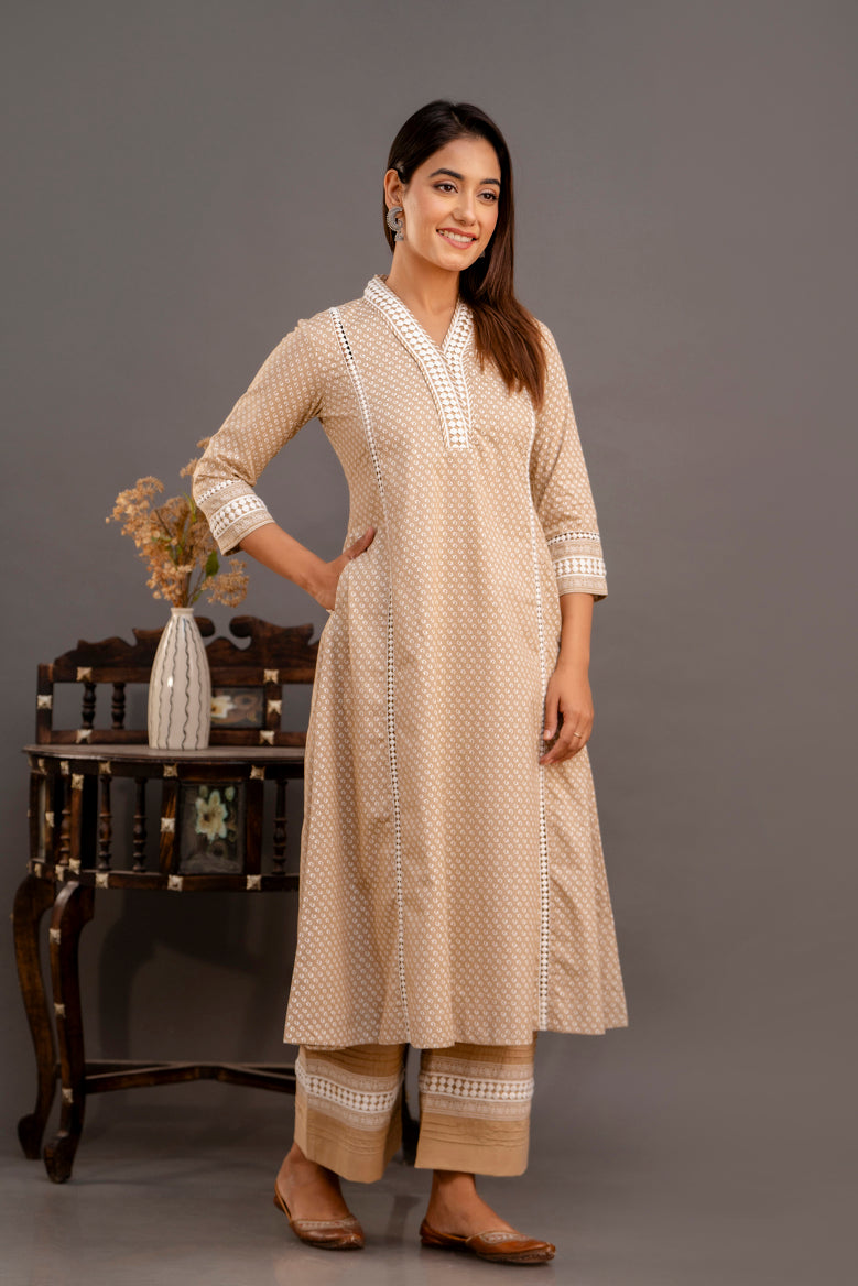 Sand Brown Chunakhari Printed Cotton Lace Work Kurta Set