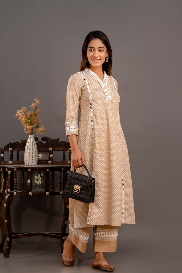 Sand Brown Chunakhari Printed Cotton Lace Work Kurta Set