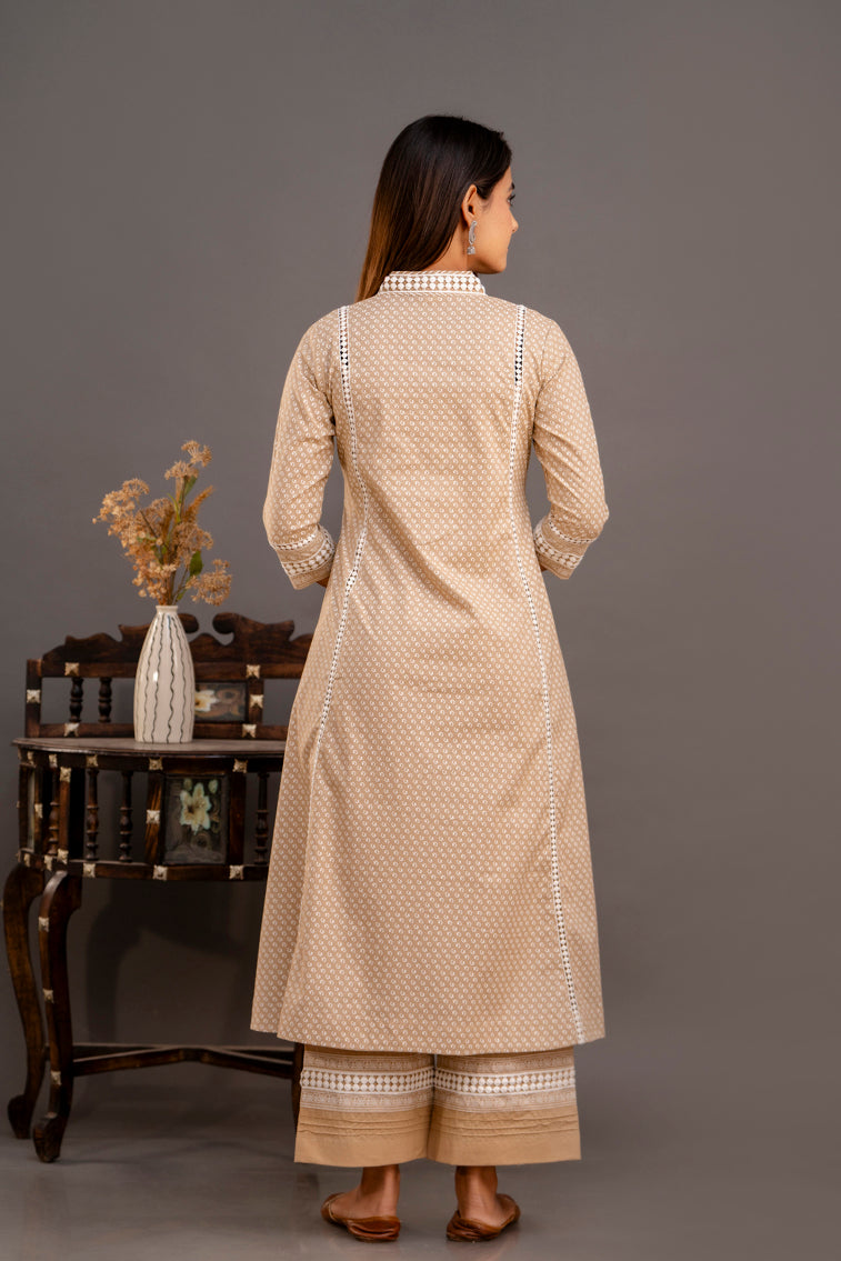 Sand Brown Chunakhari Printed Cotton Lace Work Kurta Set