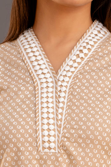 Sand Brown Chunakhari Printed Cotton Lace Work Kurta Set