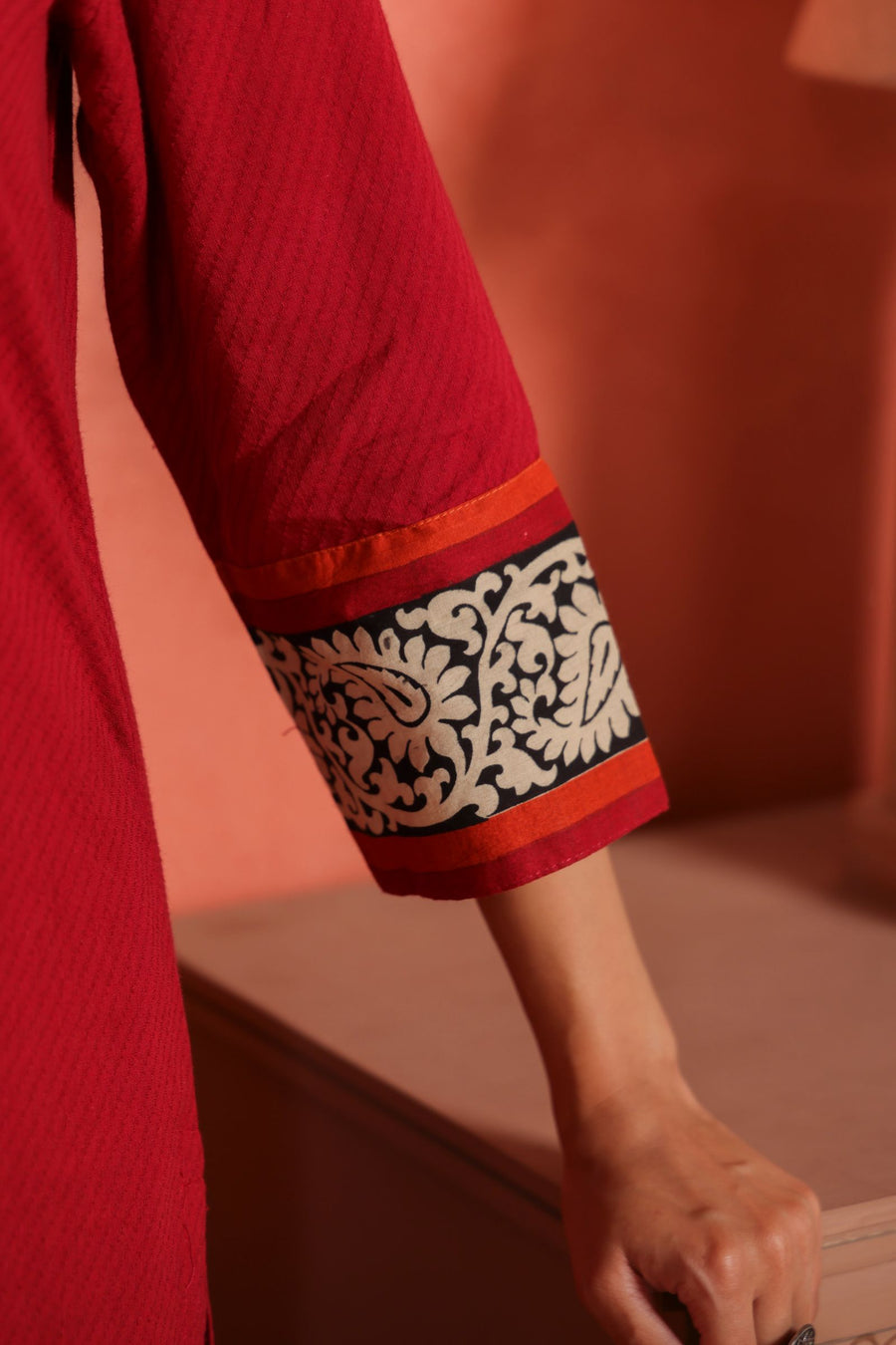 Maroon Cotton Dobby Kantha Hand Embroidered Kurta with Printed Cotton Afghani Salwar