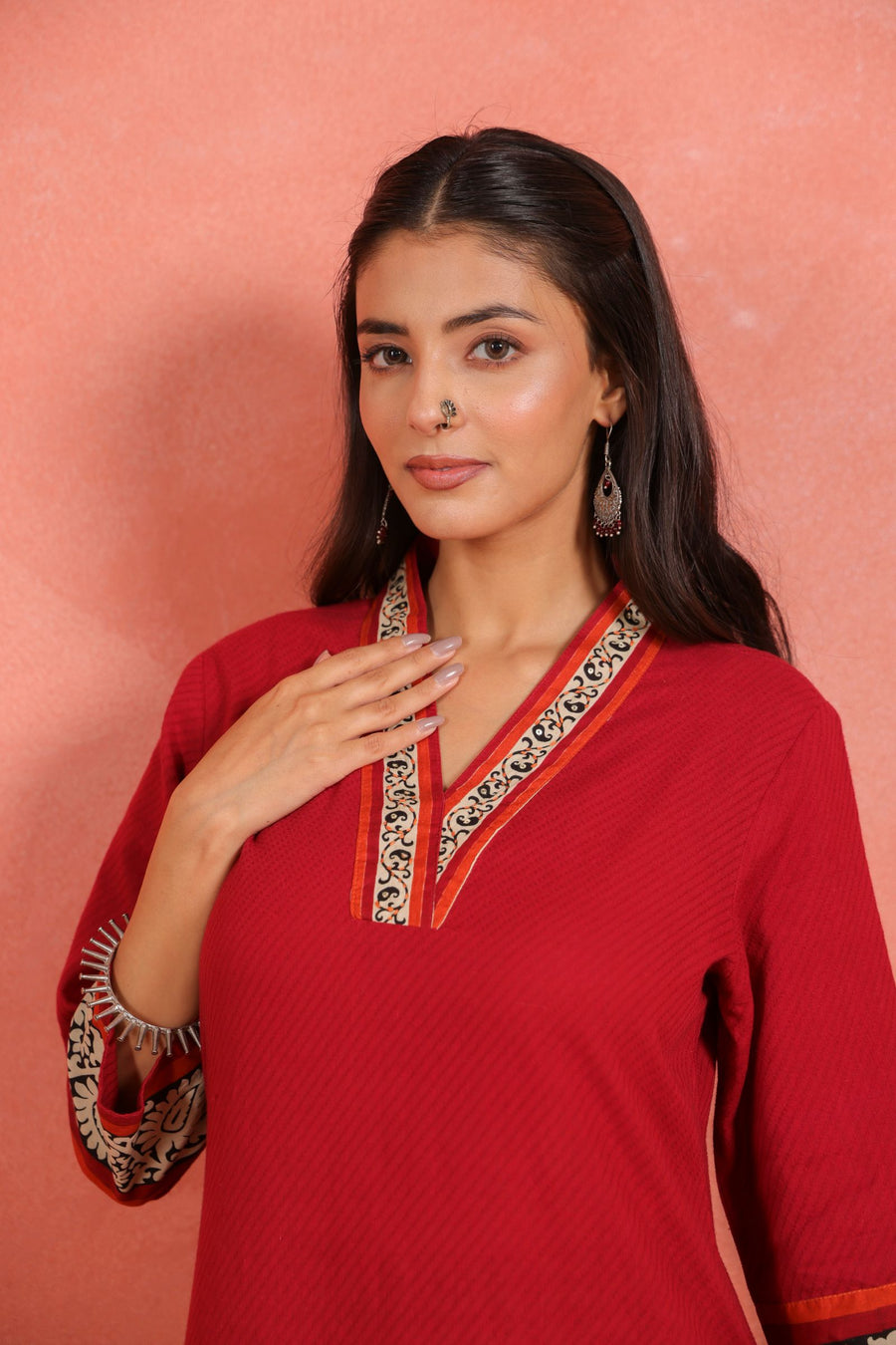 Maroon Cotton Dobby Kantha Hand Embroidered Kurta with Printed Cotton Afghani Salwar