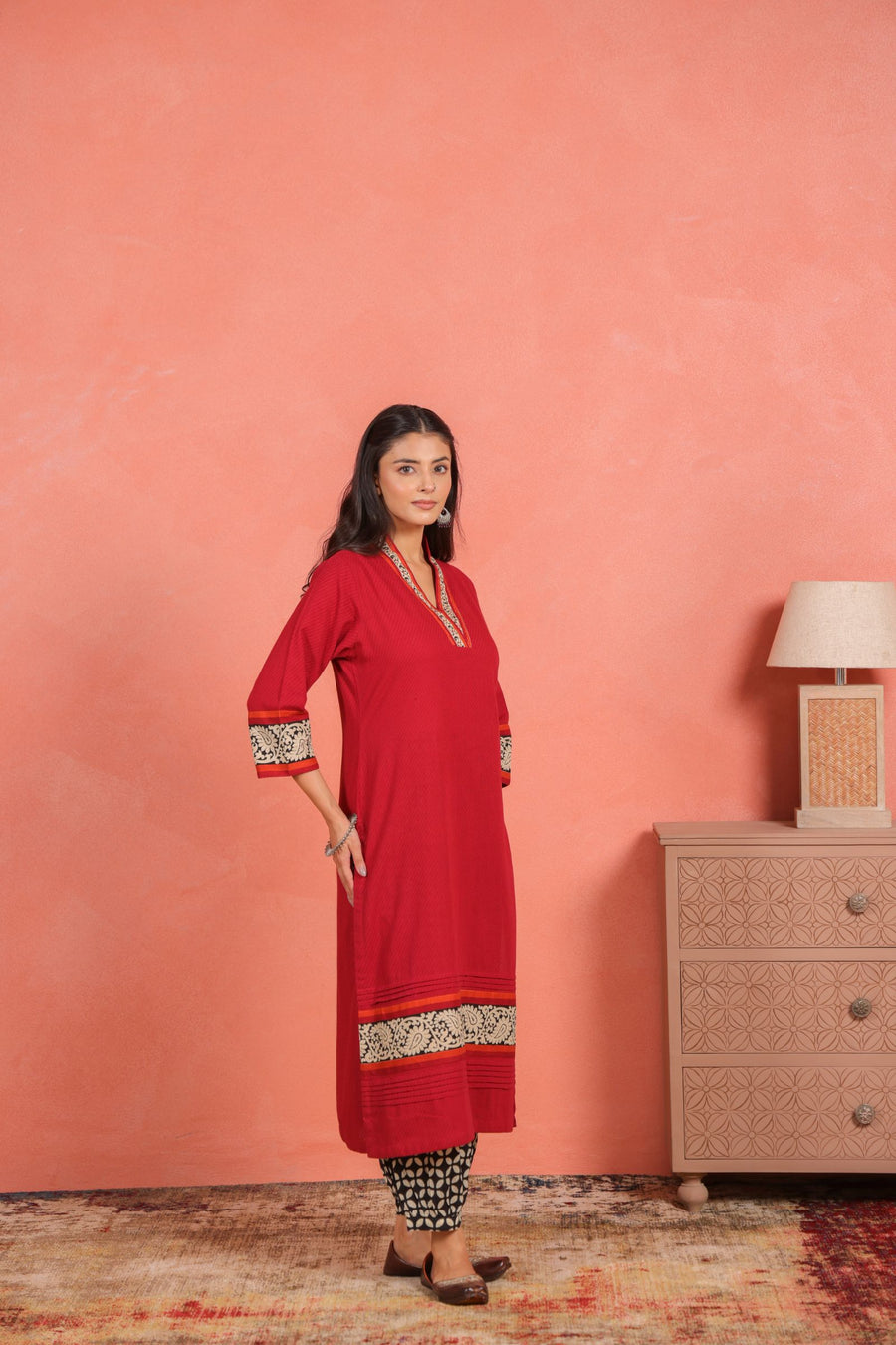 Maroon Cotton Dobby Kantha Hand Embroidered Kurta with Printed Cotton Afghani Salwar