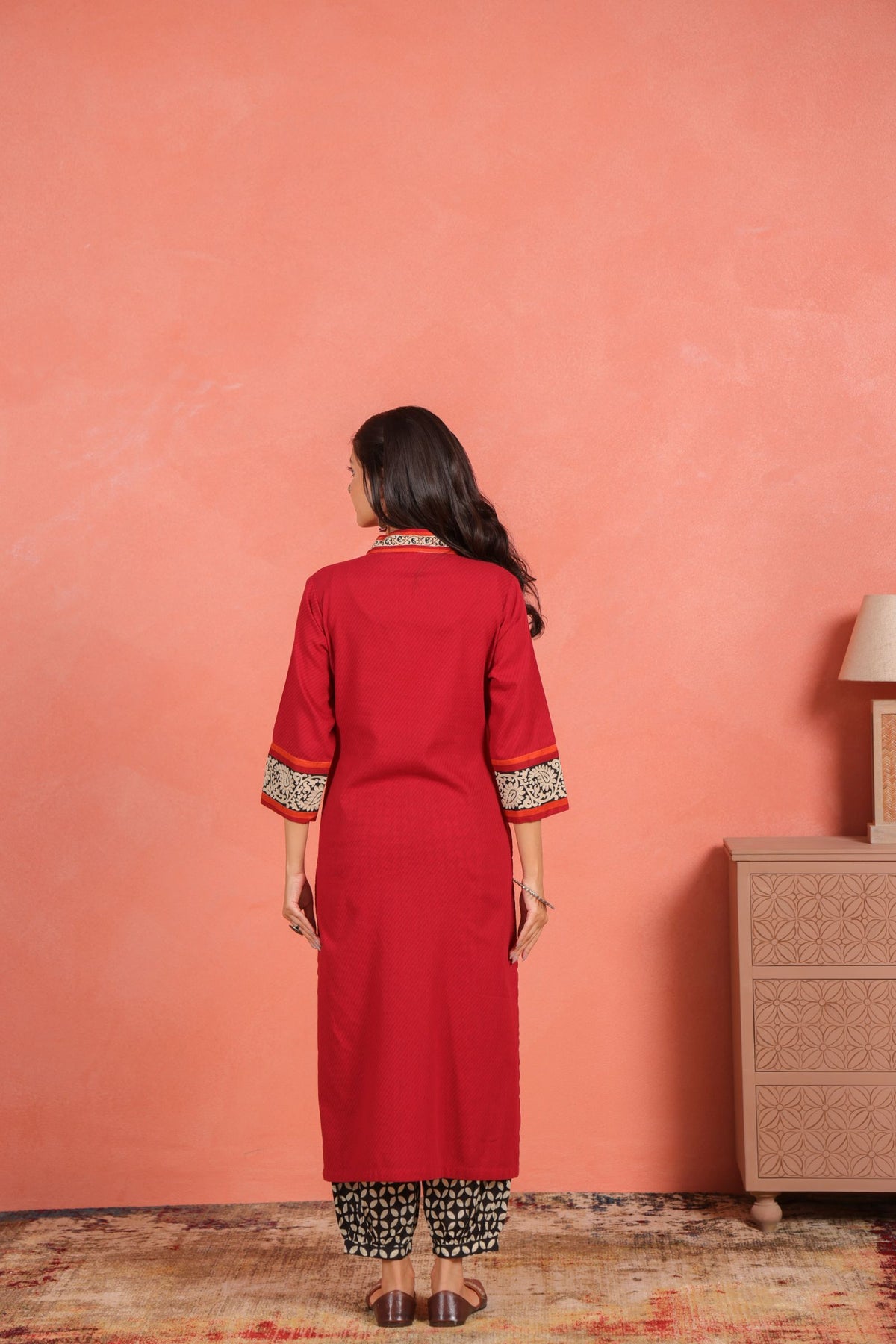 Maroon Cotton Dobby Kantha Hand Embroidered Kurta with Printed Cotton Afghani Salwar