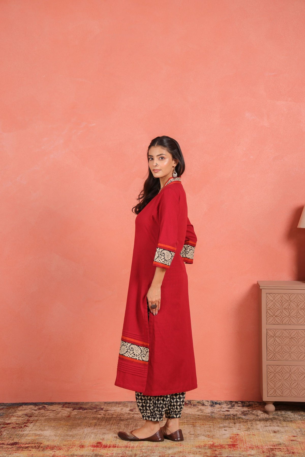 Maroon Cotton Dobby Kantha Hand Embroidered Kurta with Printed Cotton Afghani Salwar