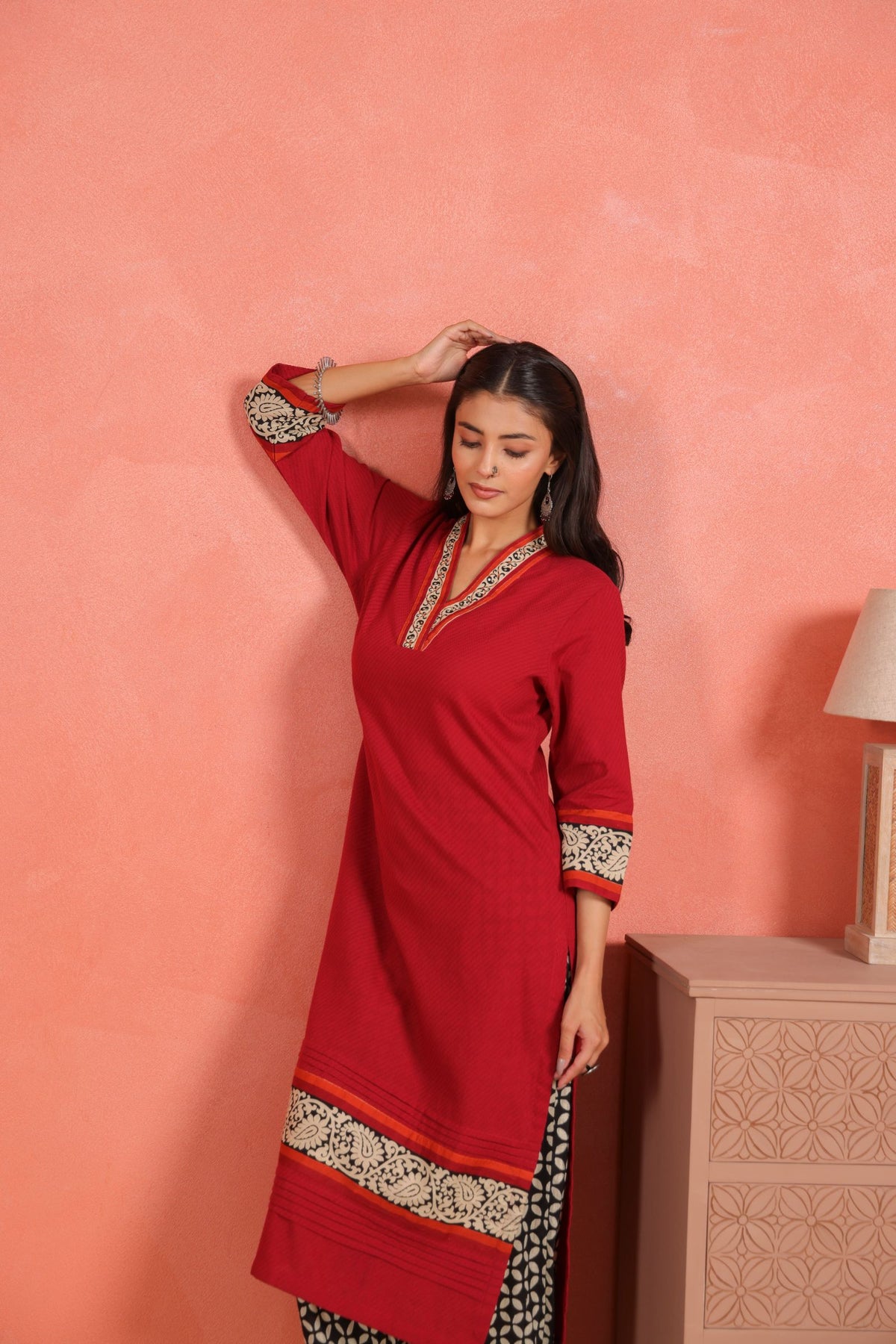 Maroon Cotton Dobby Kantha Hand Embroidered Kurta with Printed Cotton Afghani Salwar