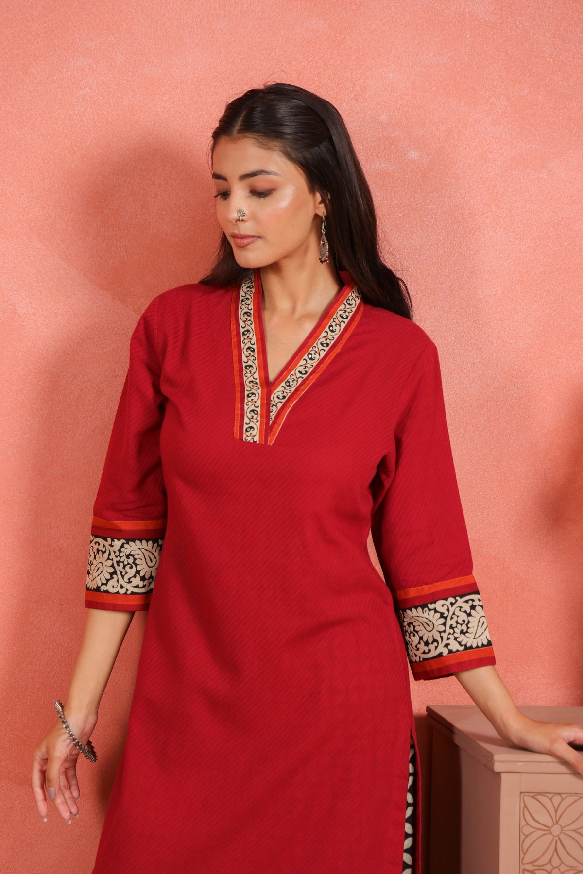 Maroon Cotton Dobby Kantha Hand Embroidered Kurta with Printed Cotton Afghani Salwar