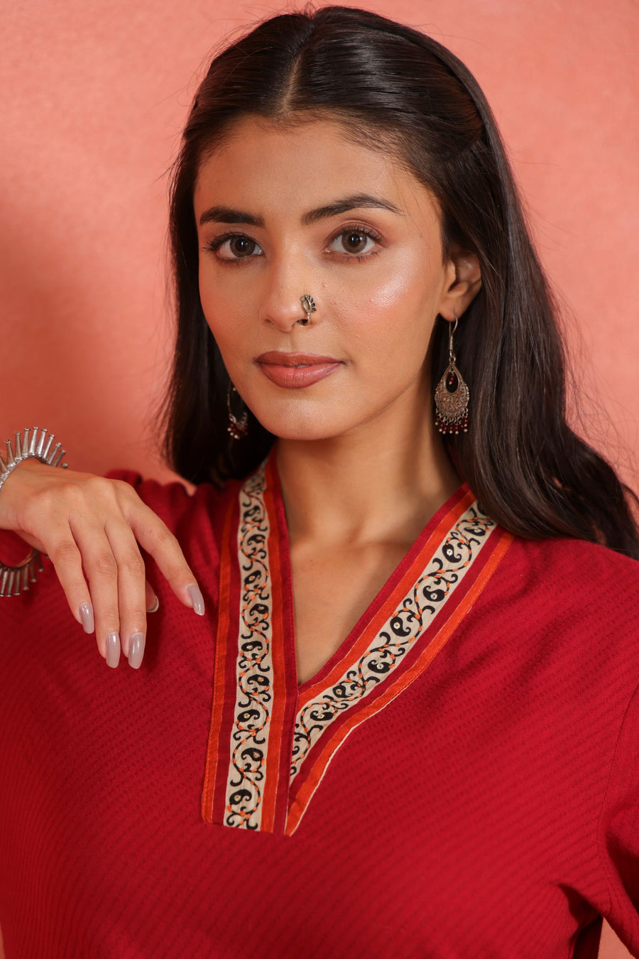 Maroon Cotton Dobby Kantha Hand Embroidered Kurta with Printed Cotton Afghani Salwar