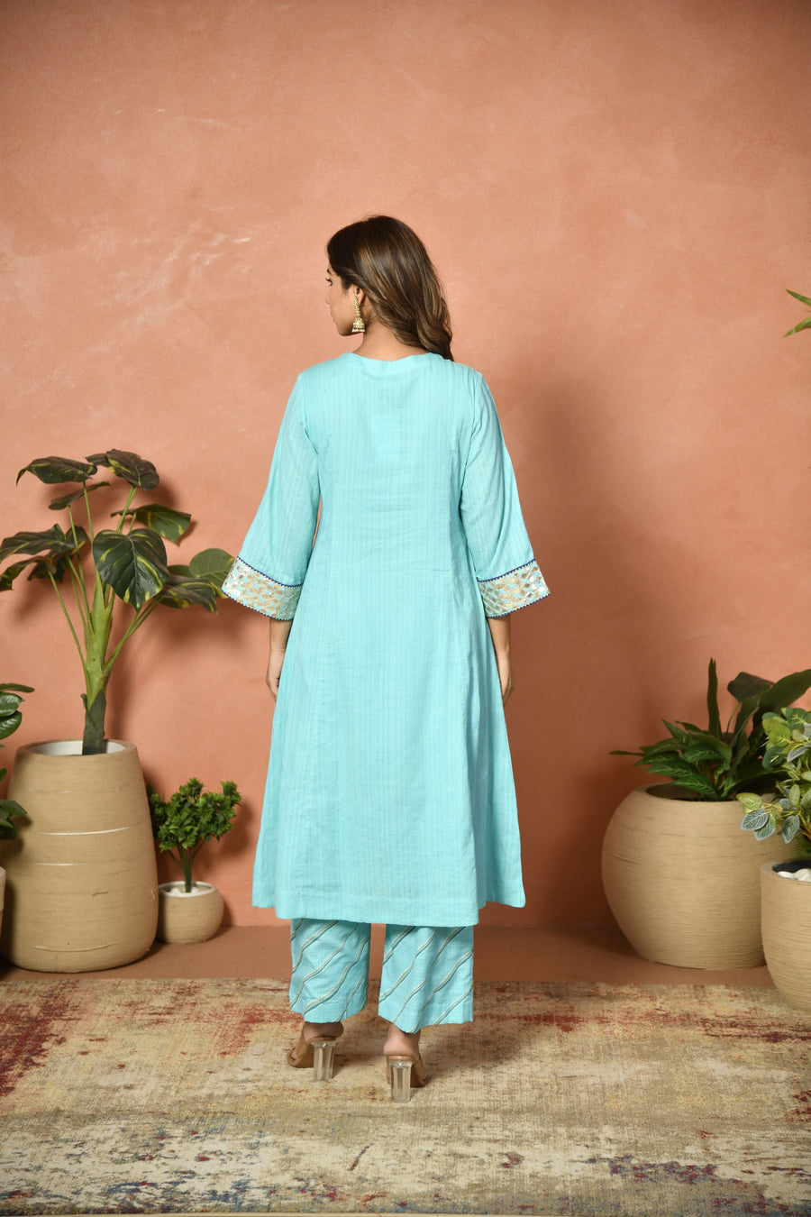 Firozi festive embroidered cotton suit set - front view - EKOHUM