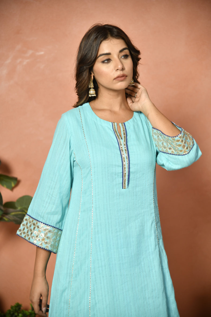 Firozi festive embroidered cotton suit set - full outfit - EKOHUM