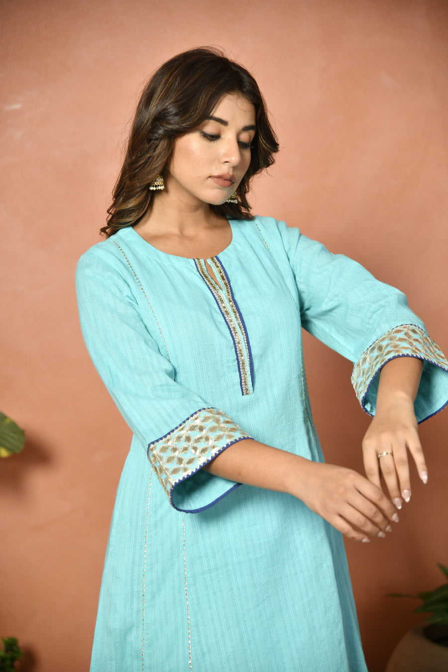 Firozi festive embroidered cotton suit set - close-up detail - EKOHUM