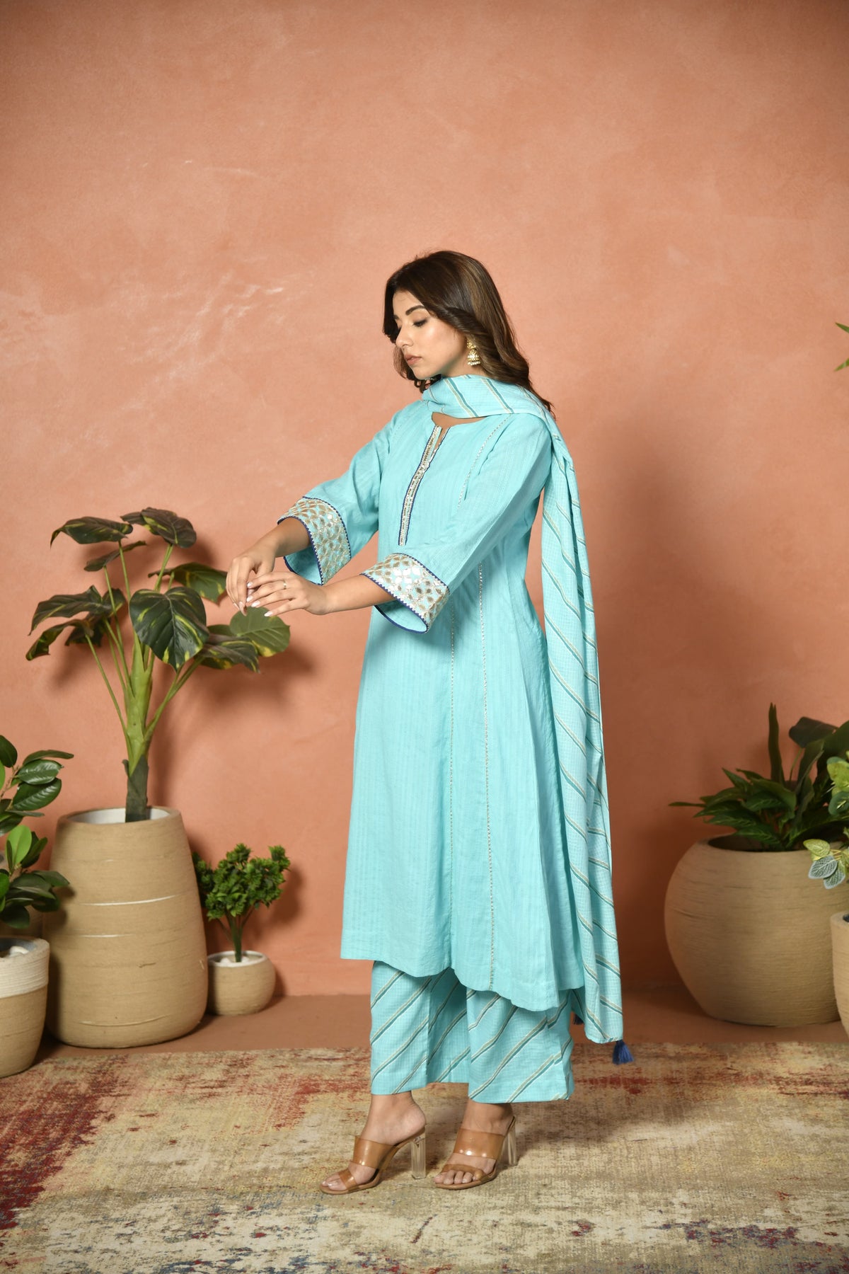 Firozi festive embroidered cotton suit set - back view - EKOHUM