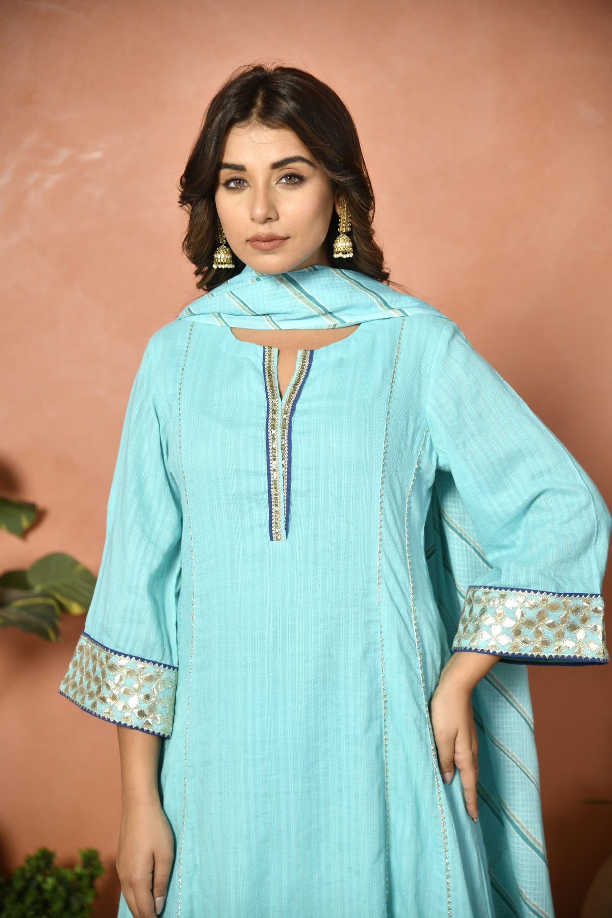 Firozi festive embroidered cotton suit set - detail shot - EKOHUM