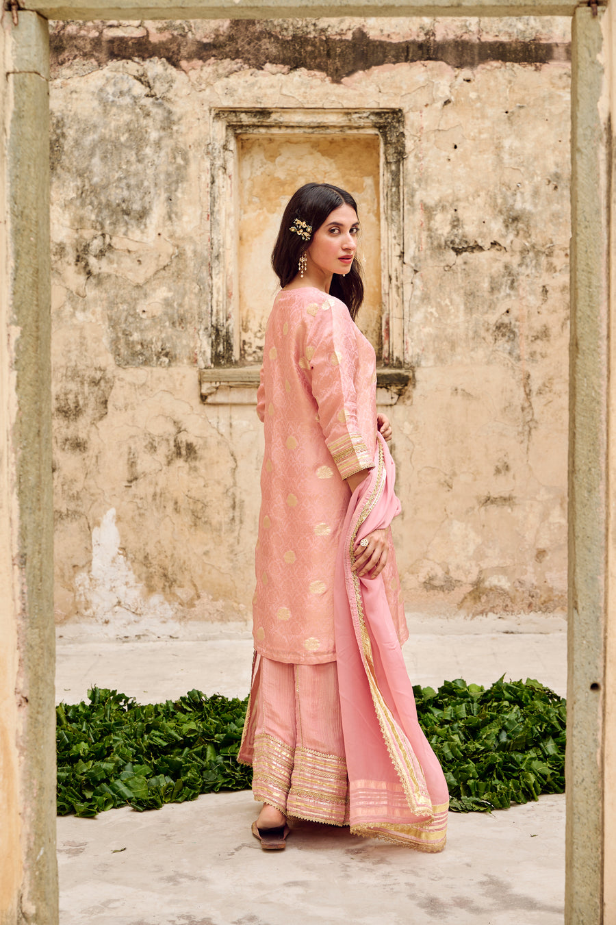 Pink Zari Butti Tissuse Silk Kurta Sharara Dupatta Set Embellished with Zari Laces