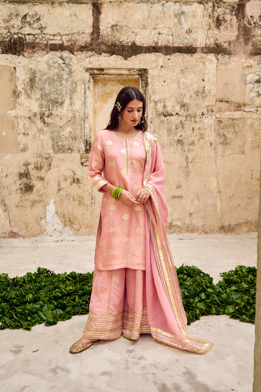 Pink Zari Butti Tissuse Silk Kurta Sharara Dupatta Set Embellished with Zari Laces