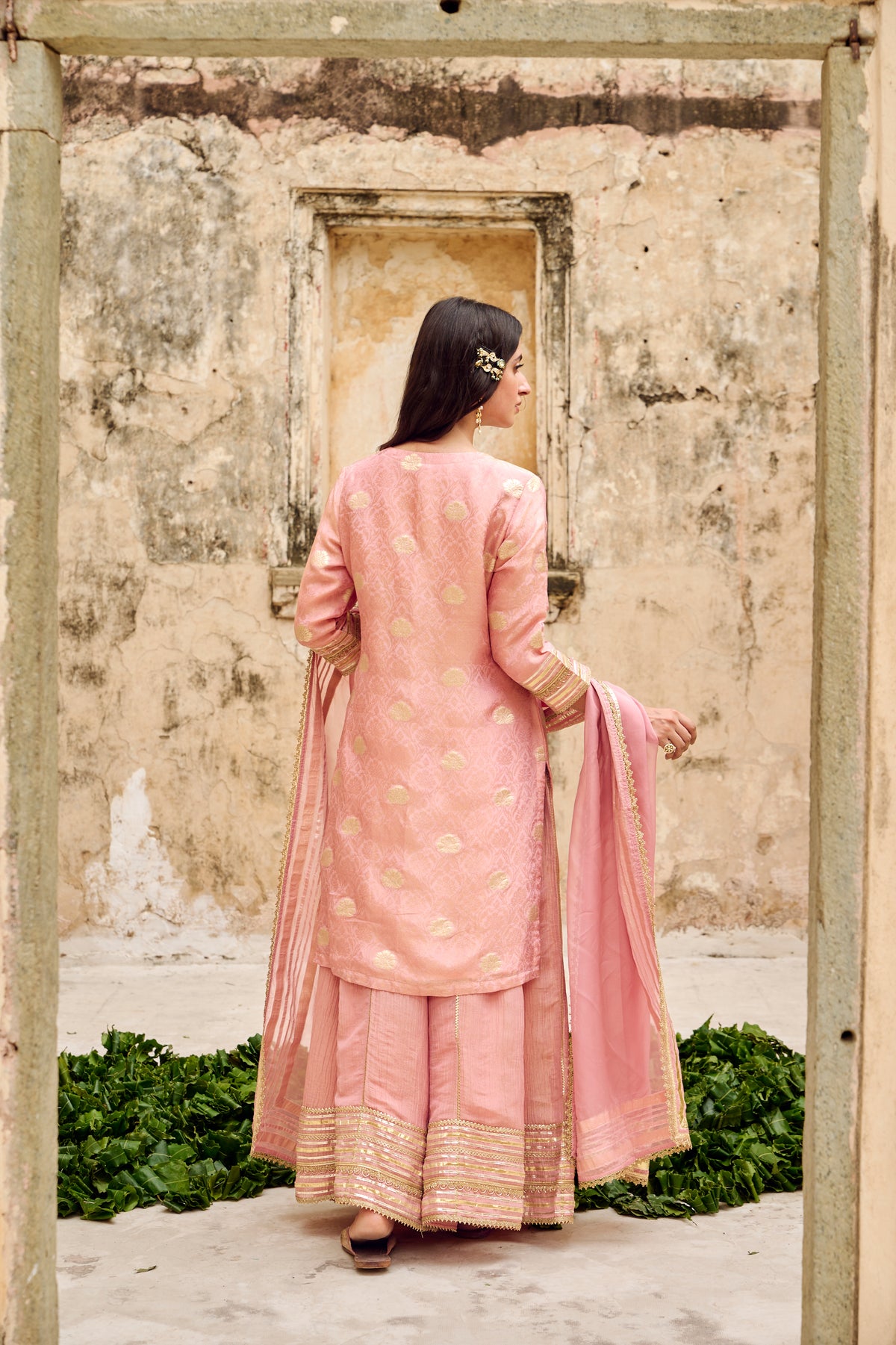 Pink Zari Butti Tissuse Silk Kurta Sharara Dupatta Set Embellished with Zari Laces
