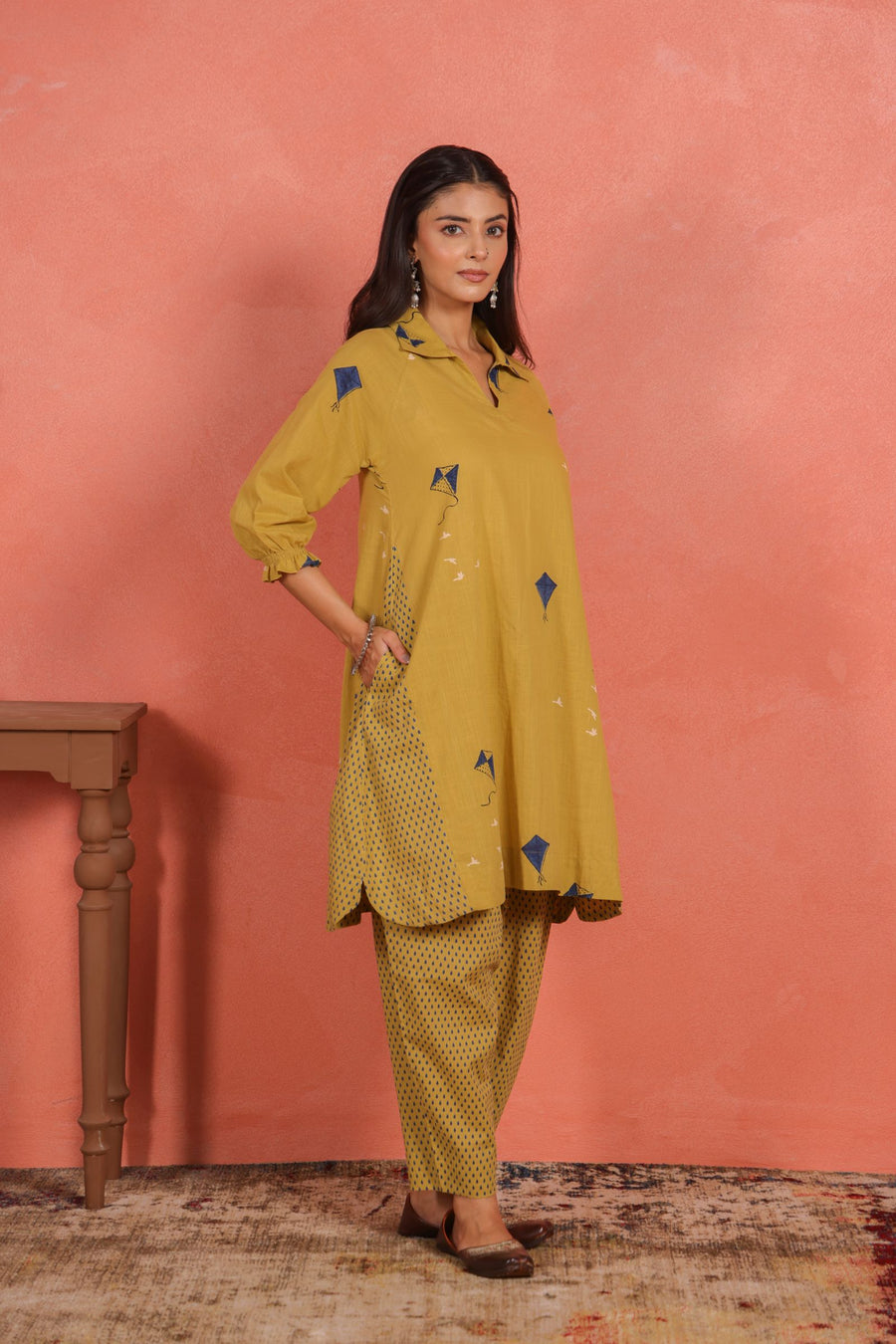 Yellow Cotton Slub A-Line Kurta with Afghani Salwar