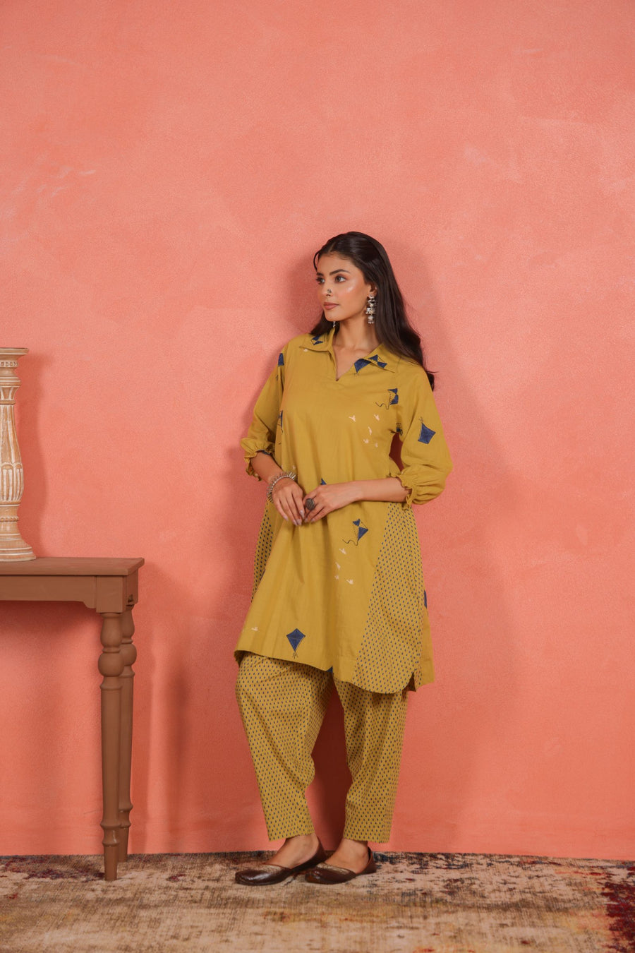 Yellow Cotton Slub A-Line Kurta with Afghani Salwar