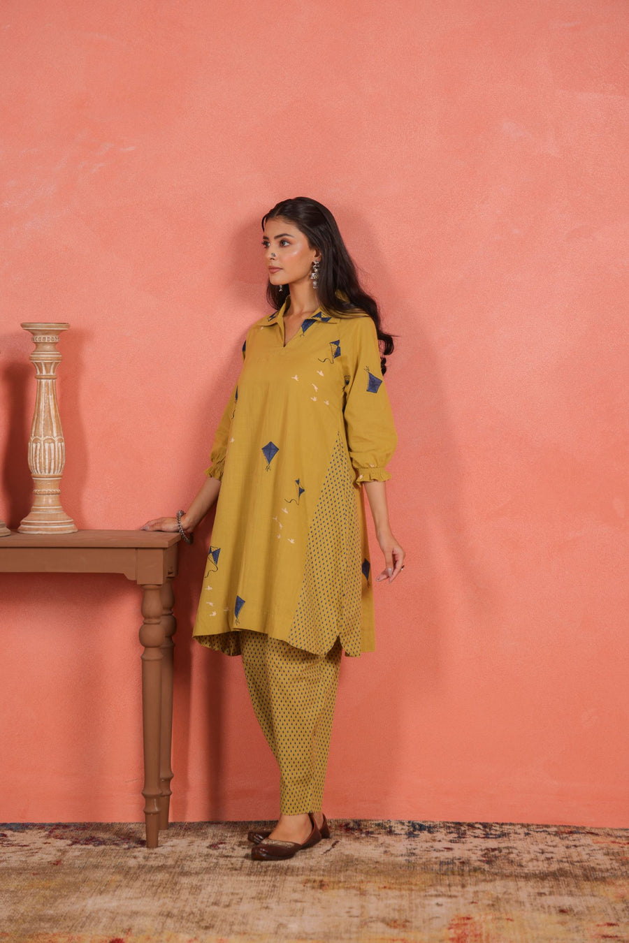 Yellow Cotton Slub A-Line Kurta with Afghani Salwar