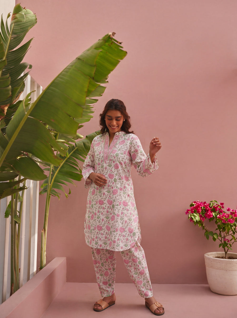Green & Pink Block Printed Cotton Co-Ord Set