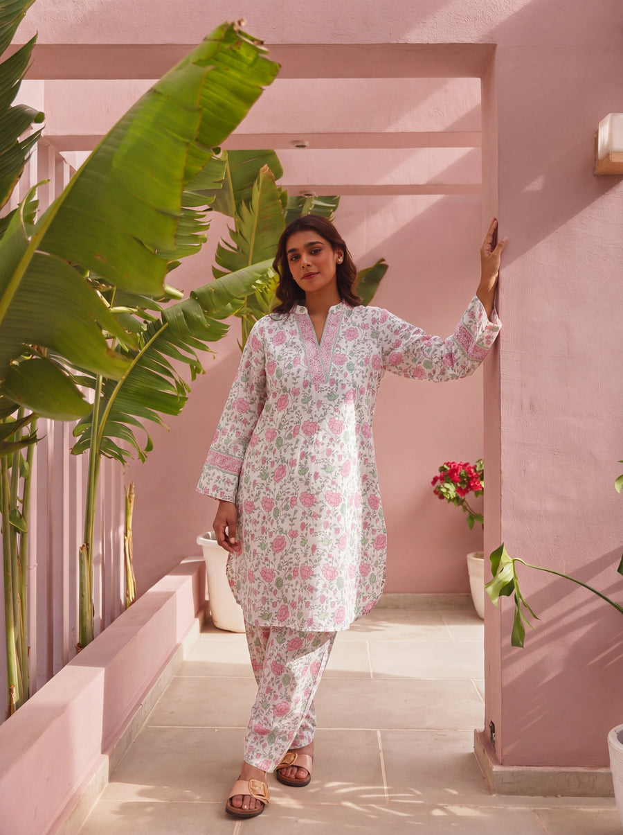 Green & Pink Block Printed Cotton Co-Ord Set