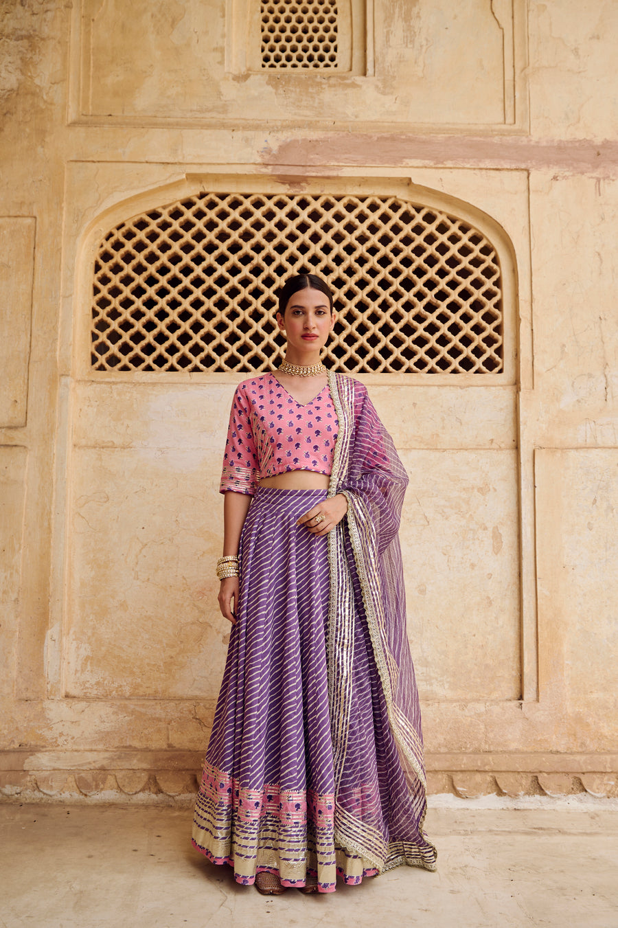 Pink Purple Cotton Gota Work Lehenga Set with Dupatta